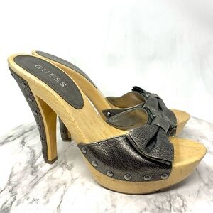 Guess Veronica Studded Bow Leather Wood Platform Clog Slides 8 Retro Y2K